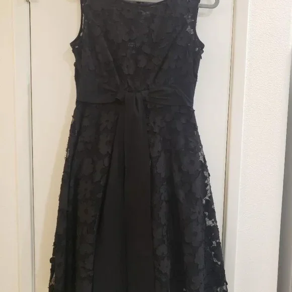 Adrianna Papell A-line Sleeveless Black Mesh Floral Dress W/ Tie Waist- Size 12 Adrianna Papell A-line Sleeveless Black Mesh Floral Dress W/ Tie Waist- Size 12